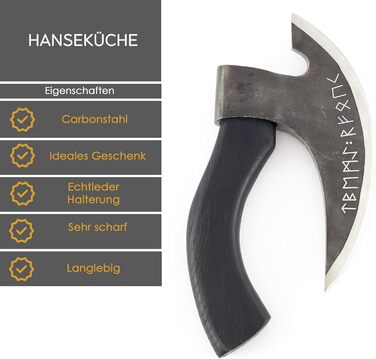 Піца-ніж Hanseküche у формі сокири з вікінзькими рунами та шкіряним чохлом – хвильовий ніж для піци й зелені, подарунок чоловікові