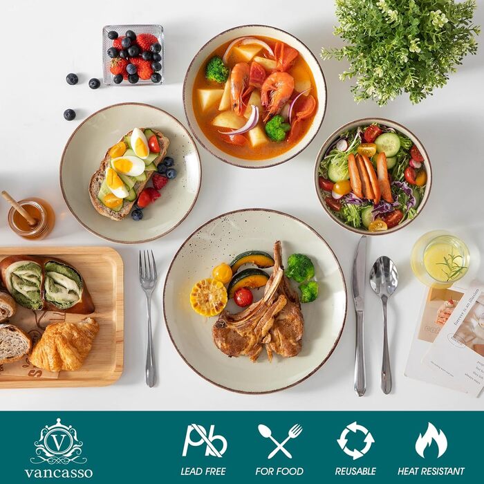 Набір керамічного посуду Vancasso NAVIA (24 частини) для 4 осіб, бежевий, набір посуду з тарілок, салатників та мисок
