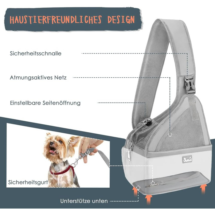 Dog-friendly sling carriers, hands-free travel bag for small pets with adjustable straps, hardboard base, safety belt, for dogs up to 2.8kg, wider version, gray