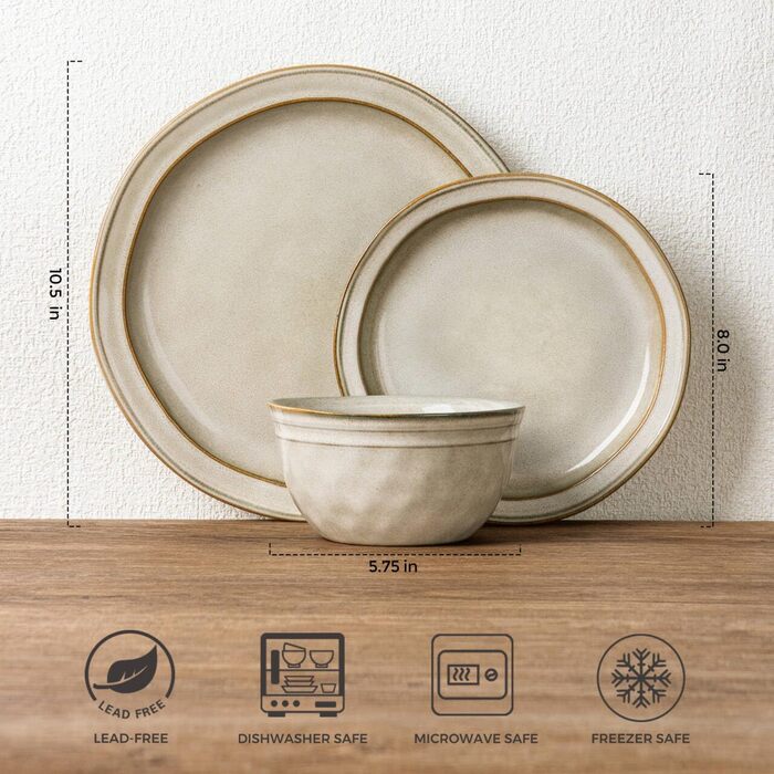 GBHOME Набір посуду з кераміки (12 предметів), керамічний, ручної роботи, реактивна глазур, тарілки та миски, стійкий до сколів та тріщин, придатний для миття в посудомийній машині та використання в мікрохвильовці, набір посуду на 4 особи, білий