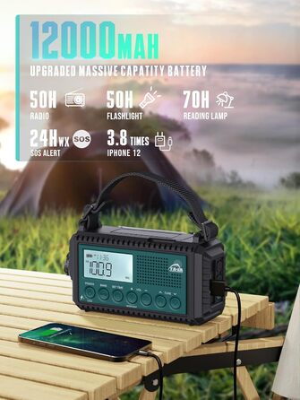 Радіо на сонячній батареї та ручному заводі Kurbelradio 12000 mAh з LED ліхтарем, AM/FM/SW, для надзвичайних ситуацій, чорний