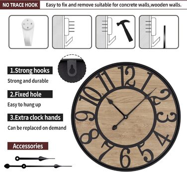 Large Wall Clock Without Ticking, 50 cm / Silent Wood Vintage Wall Clock Retro Battery Powered Modern For Living Room Bedroom, Kitchen, Farmhouse, Office Decoration (14 inch, Black Metal - Arabic Numerals)