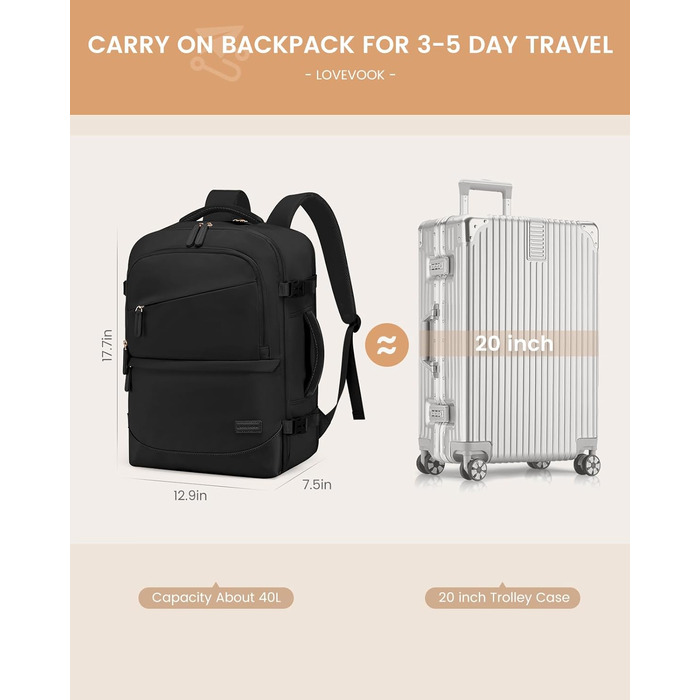 LOVEVOOK Рюкзак для ручної поклажі 40L, для подорожей, з відділенням для мокрого та сухого, для ноутбука 17.3 дюймів, чорний