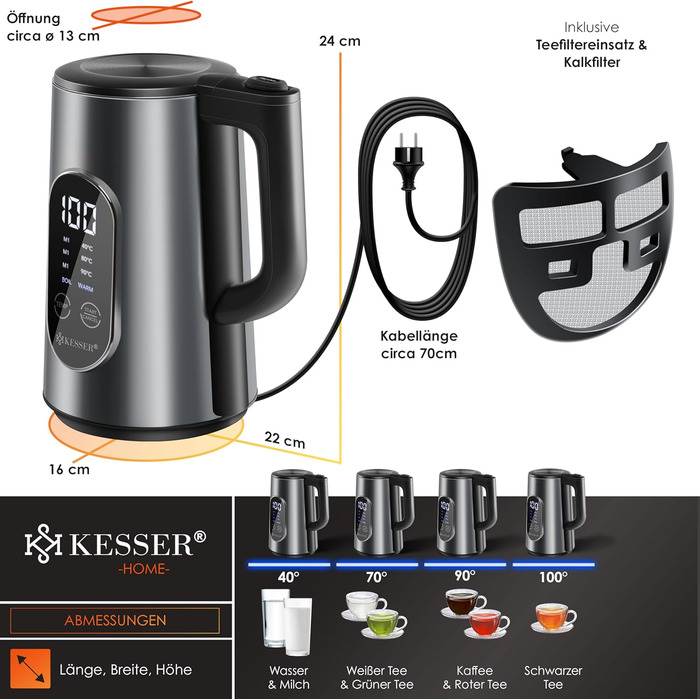 KESSER® Stainless Steel Kettle 1.7 Liter | LED Display | 4-Mode Temperature Setting 40°C-100°C | 30-Minute Keep Warm | Electric Tea Kettle 2200W BPA-Free | Scale Filter & Easy-Open Lid, Anthracite