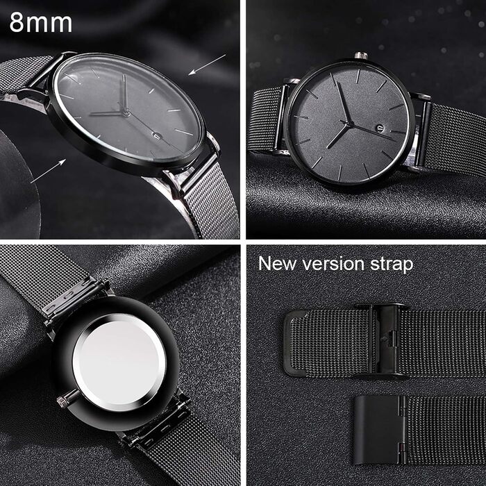 Чоловічий годинник на зап'ясті, аналоговий кварц, мінімалістичний дизайн, сталевий браслет (чорний)