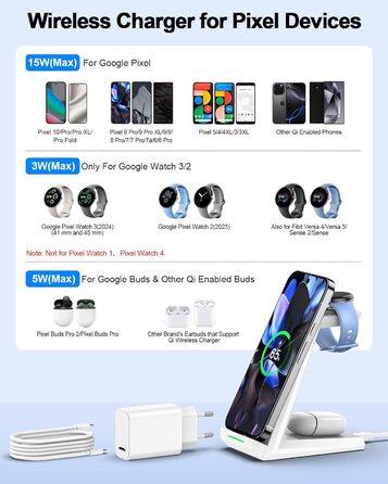 Бездротова зарядка NANAMI 3-в-1 для Google Pixel Watch 3/2, Fitbit Versa 4/3, Pixel 10 Pro/10/9/9a/8/7, Pixel Buds Pro 2 (Класичний Білий)