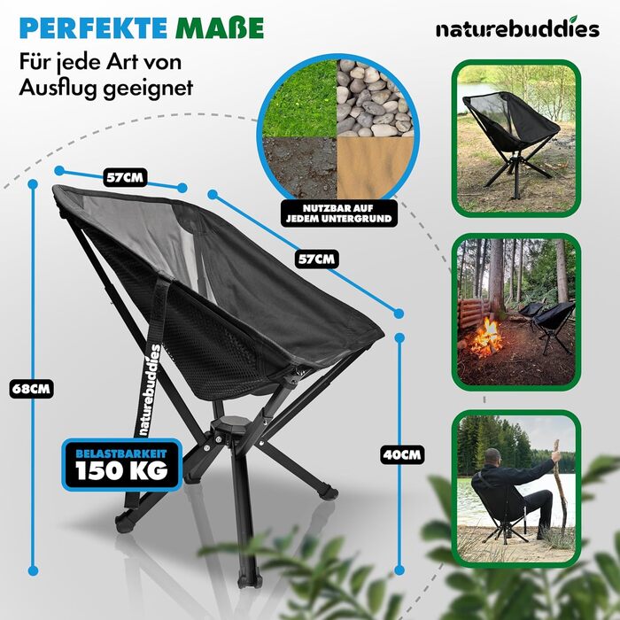 Крісло для кемпінгу Nature Buddies® Faltbar: Легке, компактне, складне (до 150 кг) | Стілець для риболовлі, відпочинку на природі, фестивалів