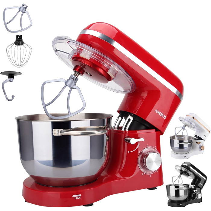 Arebos Kitchen Machine 1500W with 6L Stainless Steel Mixing Bowl | White-Rose Gold | Includes Dough Hook, Beater, Whisk | Splash Guard | 6 Speeds | Stand Mixer | Dough Machine