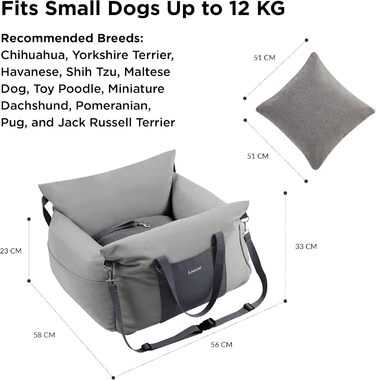 Lesure Dog Seat Car Small Dogs - Waterproof and Washable Dog Car Seat with Storage Pockets, Detachable Safety Leash, and Thickened Memory Foam Padding, 58x56x33cm, gray