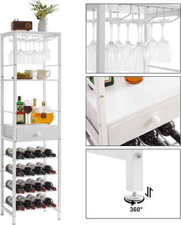 IBUYKE Wine Rack, 4-Tier Freestanding Wine Rack with Glass Holder and Drawer, 16 Bottle Rack Countertop Wine Rack with Tabletop Storage, for Kitchen, Bar, Dining Room, White TMJ905W