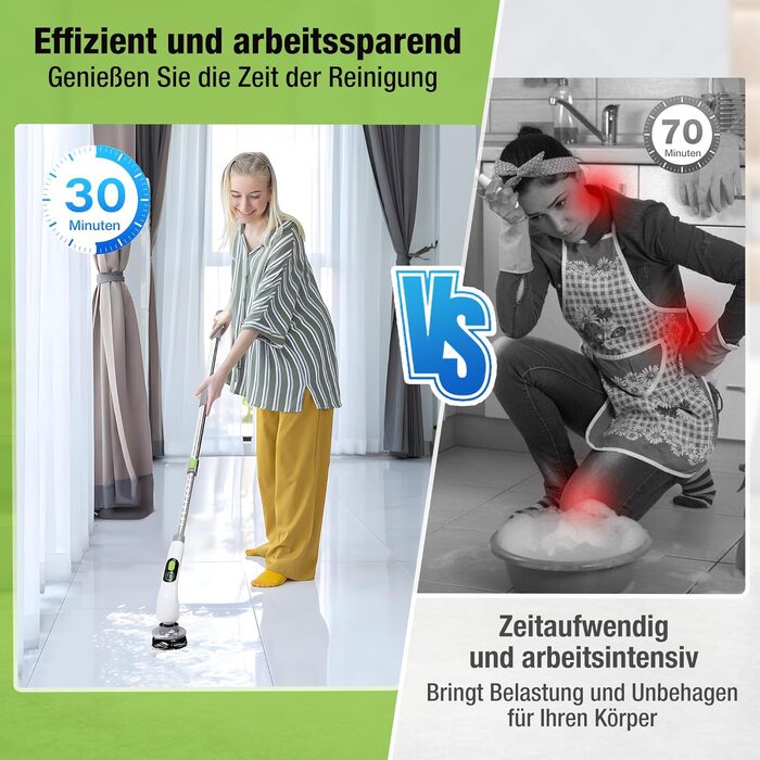 WORKPRO Електрична щітка для прибирання з індикатором потужності, 8 в 1, обертова щітка-скребок, 8 насадок, телескопічна ручка 30-120 см, 3 швидкості, для ванної кімнати та кухні