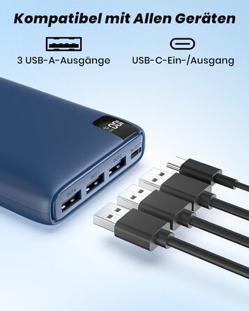 Power Bank Riapow 26800mAh з LED-дисплеєм, 4 виходи, USB-C, швидка зарядка 22.5W, блакитний