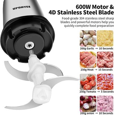 Електричний подрібнювач 600W з чашею з нержавіючої сталі 2L, 2 швидкості, 4 леза для овочів та часнику
