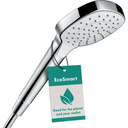 hansgrohe Croma Select E - water-saving showerhead 9 l/min (EcoSmart), hand shower with 3 spray patterns, square shower head (110 x 110 mm), water-saving showerhead with anti-limescale function, White/Chrome (1 water-saving spray pattern)