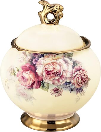 Fanquare White Porcelain Sugar Bowl with Lid, English Royal Family Sugar Pot, Rose Ceramic Sugar Bowl for Coffee Service Set