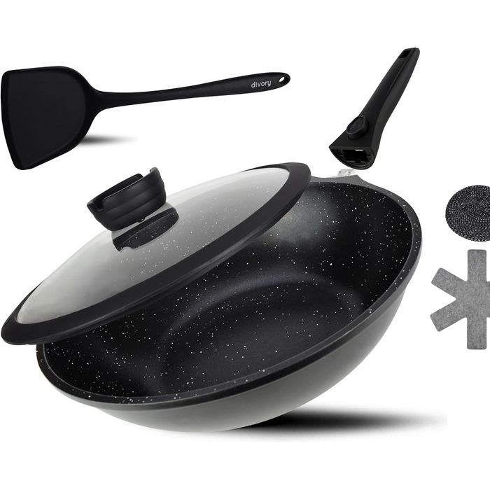 DIVORY Crepe Pan Induction 28 cm, Pancake Pan with Batter Dispenser & Wooden Spatula, Omelette Pan Induction, Flat Coated Pancake, Pizza Frying Pan (Black, Wok 30cm)