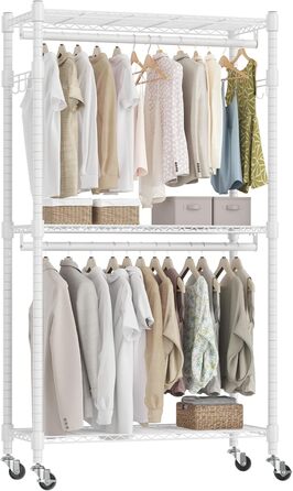 Double Clothes Rack/Garment Rod with Adjustable Shelves, Heavy-Duty Clothes Rack with 2 Hooks, Rolling Clothes Rack, 90 * 42 * 205cm, White (White, 60*42*205cm)