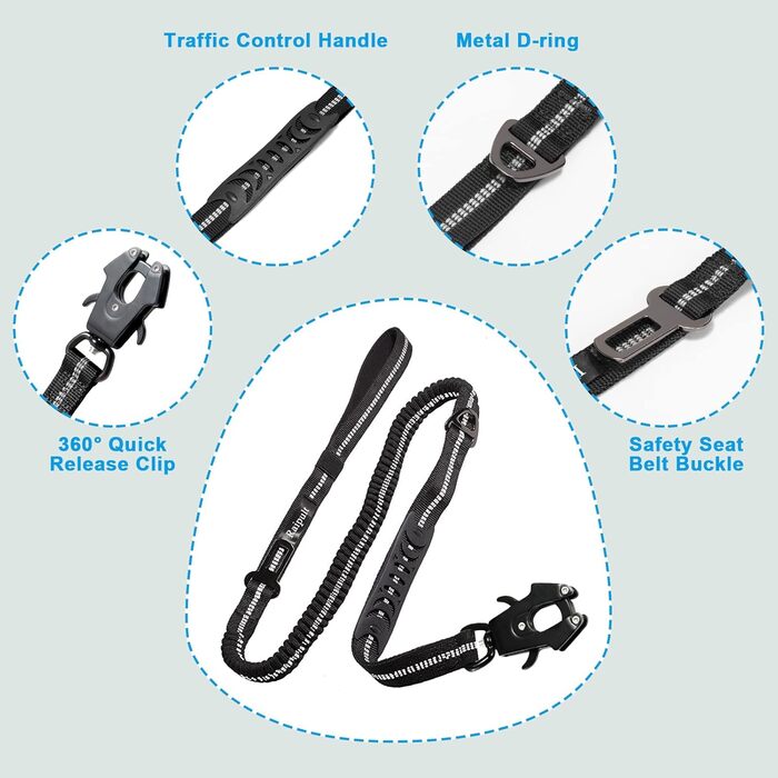Міцна тактична повід для собак Raiput Bungee, 1.2-1.8 м, без ривка, з карабіном, світловідбиваючий, амортизуючий, з авторемнем безпеки (Чорний, 4-6 FT Bungee)