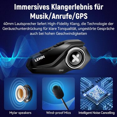 Bluetooth-гарнітура для мотошолома LEXIN G1, Bluetooth 5.0, HD динамік, шумозаглушення DSP/CVC, для музики, навігації та дзвінків, голосовий асистент, одиночна упаковка