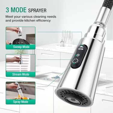 Кран кухонний CREA Wasserfall висувний з дозатором мила, нержавіюча сталь, 360° оберт, 4 режими, хром