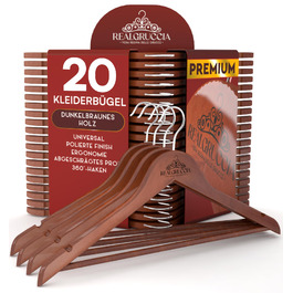 Дерев'яні вішалки для одягу 20 шт. RealGruccia, темно-коричневі. Підходять для штанів, костюмів, сорочок. З антиковзким покриттям, обертовим гачком та похилими профілями. Розмір: 22x45 см