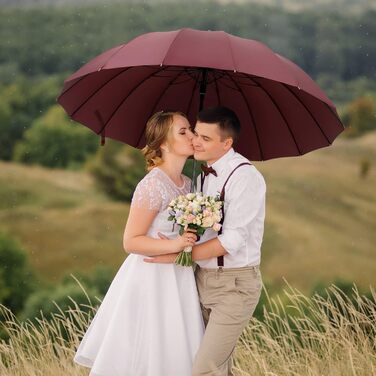 NINEMAX Large Windproof Umbrella - Wooden Handle Walking Umbrella for Men & Women - 16 Ribs Automatic Open - Burgundy