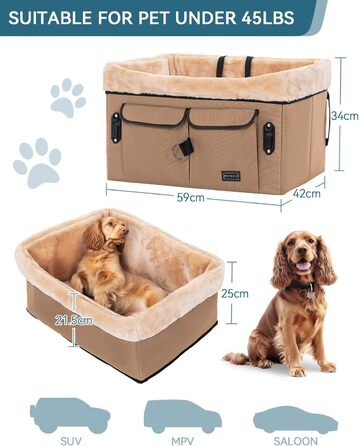 Автокрісло для собак Petsfit - середній розмір, бежеве, з ременями та кишенею