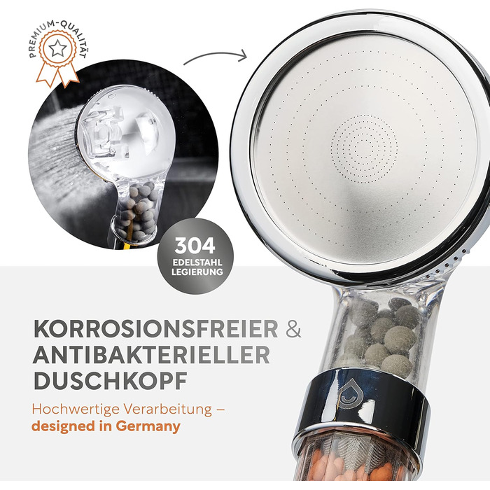 Premium showerhead with mineral stones from happydrop - The water-saving hand shower with pressure-increasing effect and 3 spray patterns