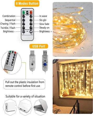 Ланцюжок-завіса світлодіодна 3x3м, 300 LED, USB, 8 режимів, пульт, IP65, тепле світло, для декору, свята, вечірки