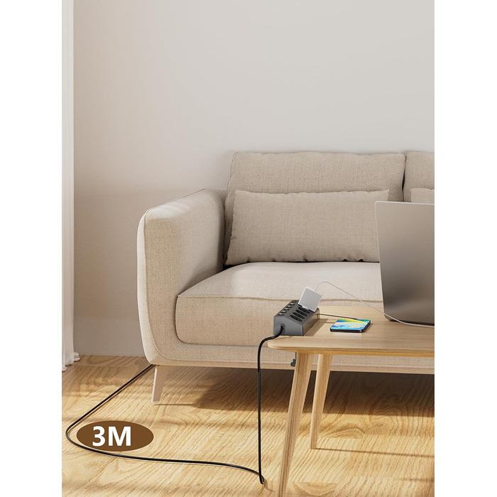Мережевий адаптер PASSUS з 5 розетками, 2 USB-C (PD 30W), захист від перенапруги, індивідуальне вмикання, 10-в-1, з кабелем 2м, для офісу, чорний