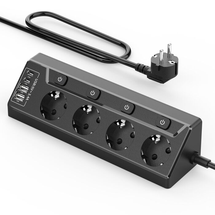 Мережевий адаптер з захистом від перенапруги Eck з USB-C, 6 розеток, 2м кабель (4000W, 16A), розподільний блок для кухні, офісу (4 розетки, чорний)