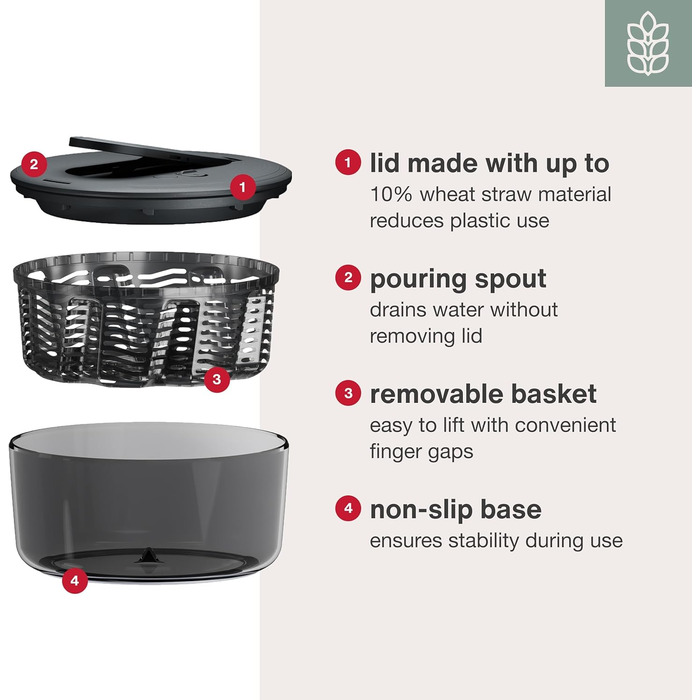 Салатниця-сушарка Zyliss Swift Dry 6L з кришкою, BPA-free, неслизьке дно, AquaVent™ технологія, кнопка стоп, придатна для миття в посудомийній машині (Сірий, Компактна)