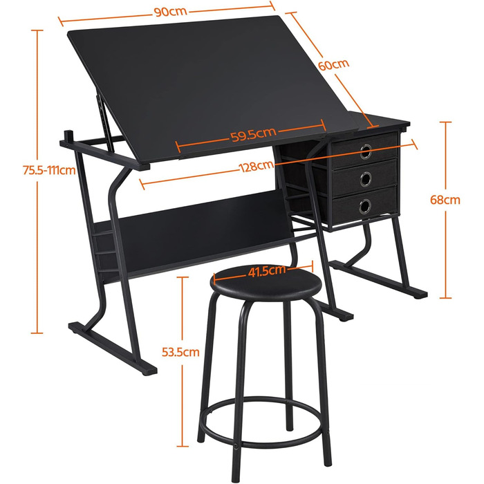 Yaheetech Kids Art Desk Set with Tiltable Tabletop, Side Table with 3 Drawers, Round Chair, and Storage Shelf for Writing, Reading, Painting, and Drawing