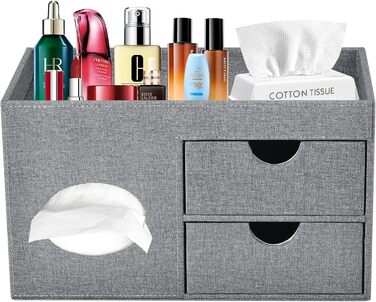 Tissue Box Linen with Drawers, Square Cosmetic Tissue Box with Magnetic Closure, Tissue Box with Side Pocket for Mobile Phones, Cosmetic Brushes, Remote Controls, Office Supplies, Perfumes (Gray)