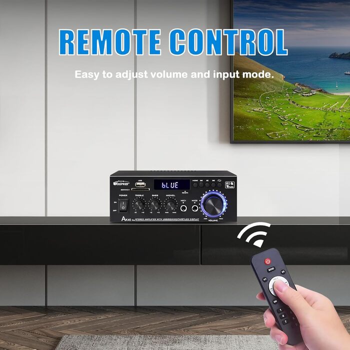 HiFi підсилювач WOOPKER AK45 Pro, 500 Вт, Bluetooth, 2-канальний, стерео, міні аудіо ресивер з FM-радіо, USB/SD/AUX/RCA/MIC входами, 12В/220В для колонок