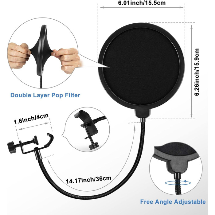 Підставка для мікрофона BILIONE з поп-фільтром та амортизатором, регульована, з адаптерами для настільного використання
