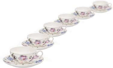 Tea cup set made of fine bone china porcelain. 6 teacups, each 150ml, and 6 saucers with a stylish cup design.