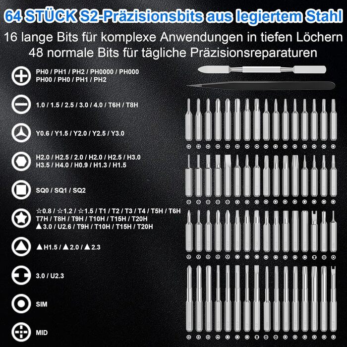 Набір викруток преміум-класу 74 в 1 з магнітними бітами для ремонту iPhone, ноутбуків, окулярів та годинників