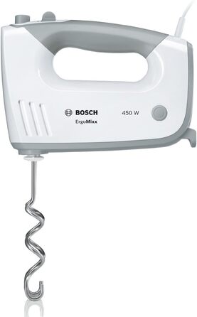 Bosch Hand Mixer ErgoMixx MFQ36470, 2 whisks, 2 stainless steel dough hooks, stainless steel mixing foot, mixing bowl, 5 speeds plus turbo setting, 450 W, white/gray