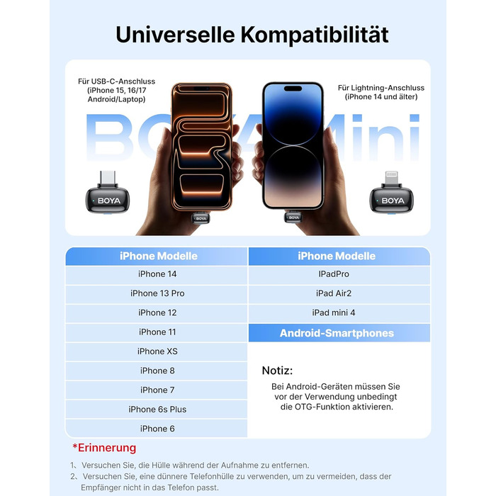 BOYA MINI 2 - Портативний мікрофон з USB-C, 48kHz/24Bit, 100м, 30год, для iPhone, Android, Vlogging, YouTube, інтерв'ю (2TX+2RX, Type-C&Lightning)