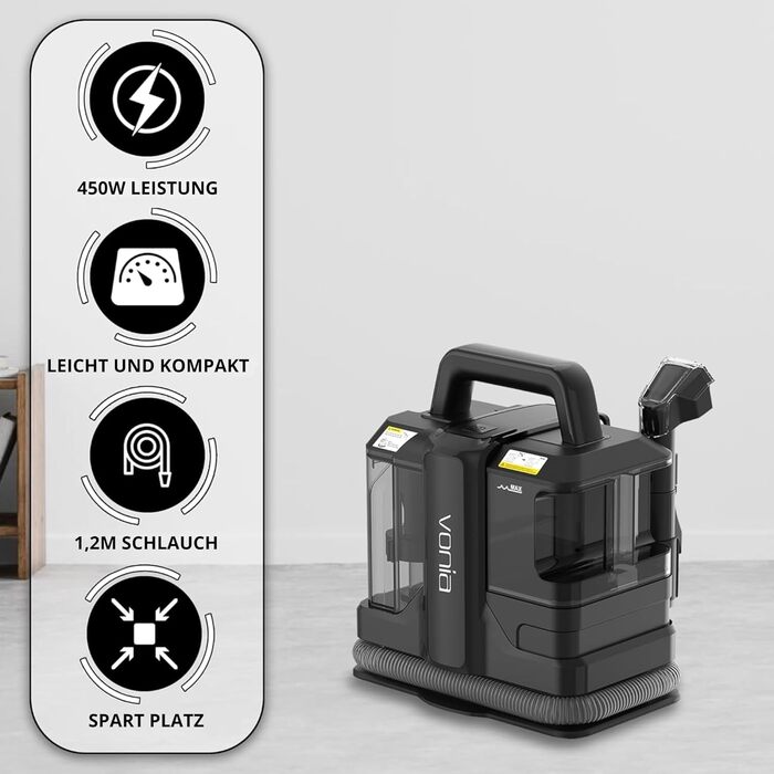 Пилгопоглинач Vonia для килимів та м'яких меблів – потужний миючий пилосос 450W з потужністю всмоктування 11 kPa, 2 насадки та шланг 1,2 м – ідеально підходить для авто, диванів, килимів та м'яких меблів (Чорний)