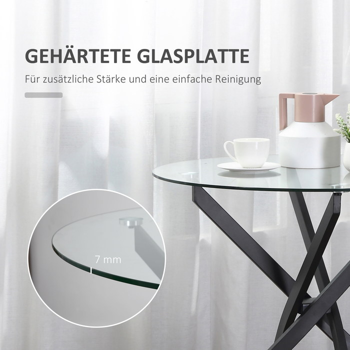 HOMCOM Modern Glass Dining Table, 80 cm Diameter, Kitchen Table with Tempered Glass Top and Metal Legs, for 4 People