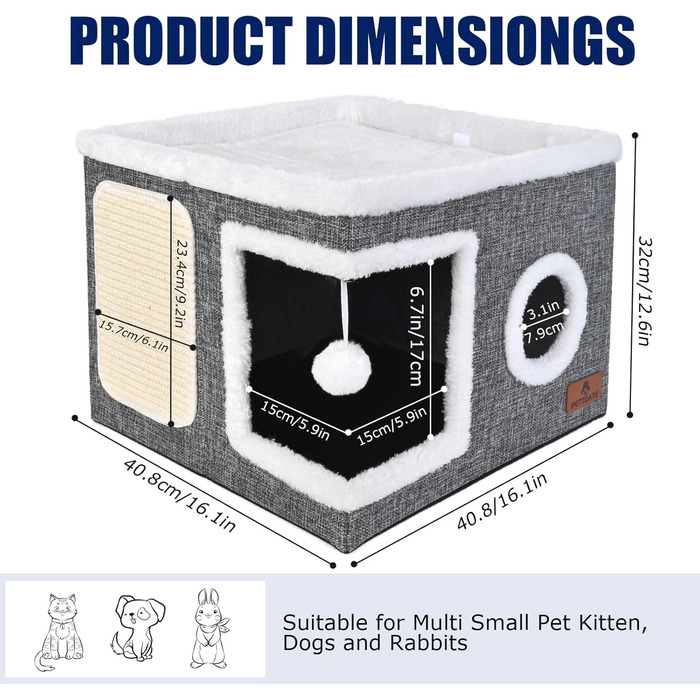 Кігтечка-будиночок для котів з подушкою та іграшкою, сірий, 41x41x32 см | Katzenkondo