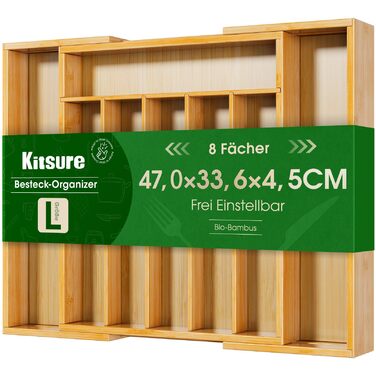 Органайзер для столових приборів Kitsure з бамбука, 8 відділень, регульований, 33.6x29-47 см