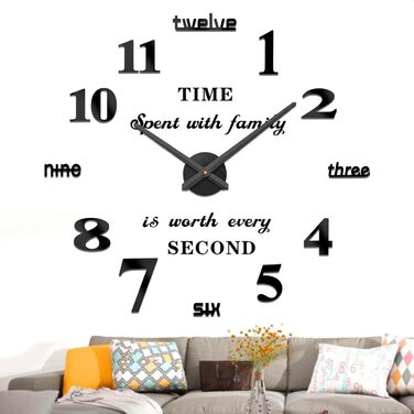 Vangold Modern Mute DIY Large Wall Clock 3D Sticker Home Office Decor Gift (Black)
