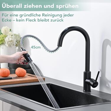 Змішувач кухонний з висувною лійкою та душем, 360° поворот, 2 режими, нержавіюча сталь, чорний