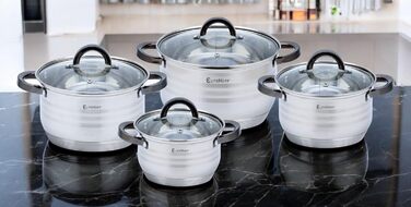 Набір каструль та сковорідок EliteHoff Induktion (8 предметів) з нержавіючої сталі, з кришками та чорними ручками, для всіх типів плит