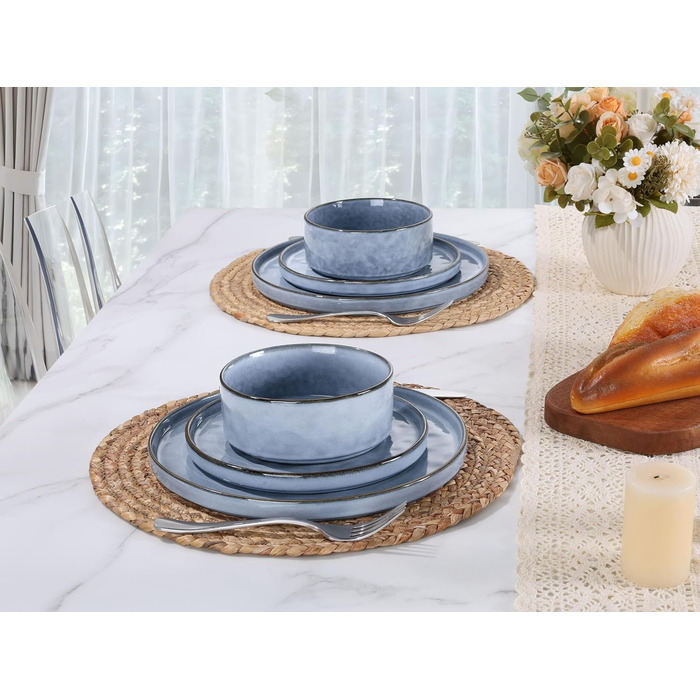 Набір посуду LIANYU для двох (6 предметів) – тарілки та миски, кераміка, блакитний (Serenity Blue), для мікрохвильовки та посудомийної машини