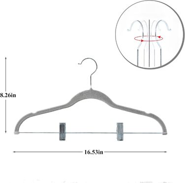 Вело Преміум плюшеві вішалки для одягу з металевими кліпсами, антиковзні та економні, з 1 магічною вішалкою та 2 тримачами для краваток, ідеальні для жінок та чоловіків, 20 шт. (20-PACK, Сірий)