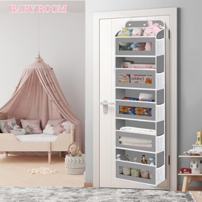 Органайзер для дверей з 5 відділеннями, настінна полиця з прозорими віконцями для підгузників, іграшок, кемпінгу, ванної кімнати, спальні (1 шт, світло-сірий)